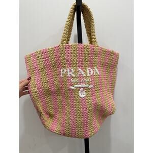 AUTHENTIC PRADA - Striped Raffia Large Tote Bag in Pink and Beige